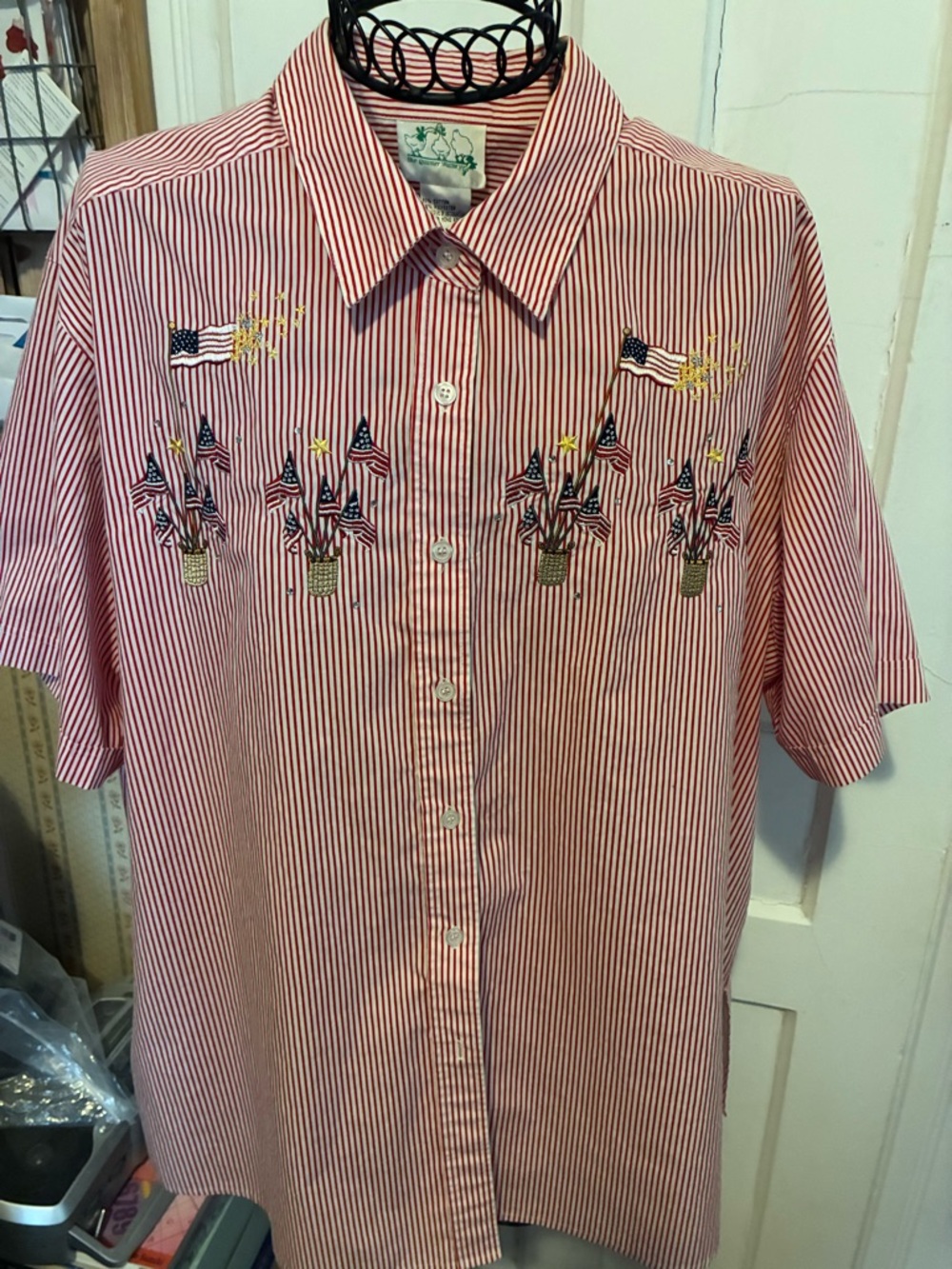 Classic Red Striped Plus Size Button-Up Shirt with Embroidered Flags